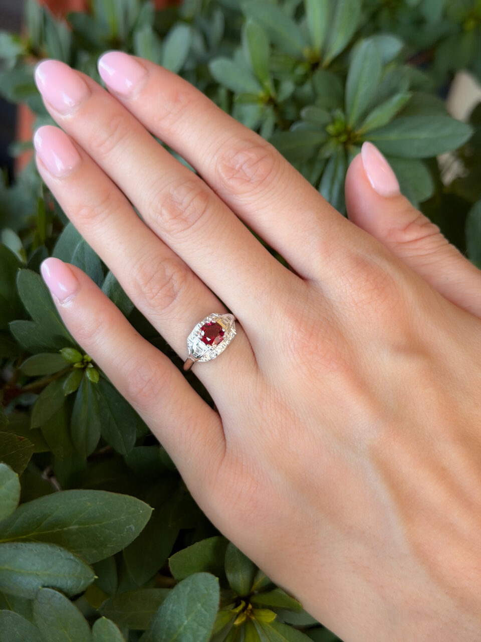 Vintage Art Deco Diamond Ring Thai Ruby Platinum Size 5.75 GIA Cocktail shown worn