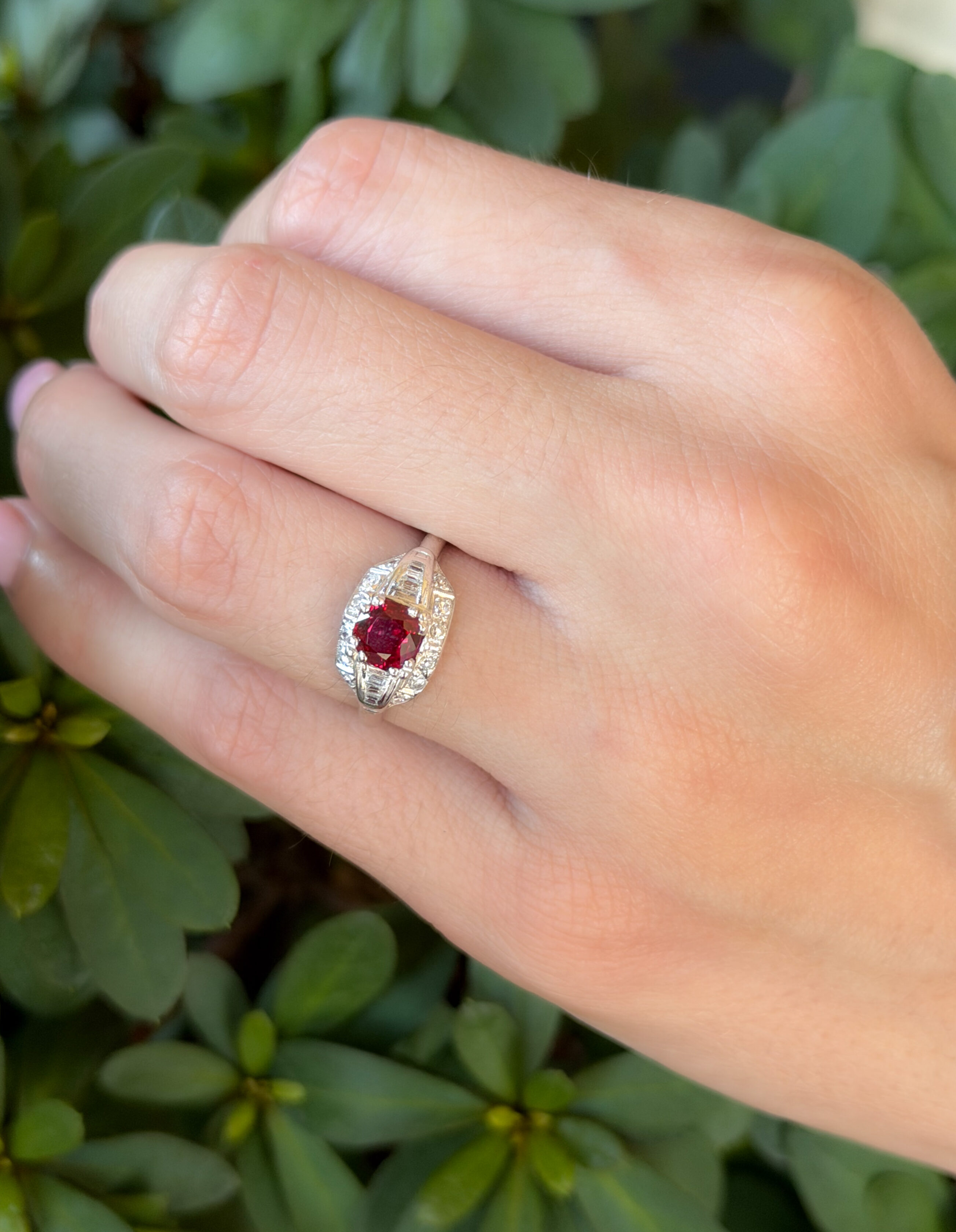 Vintage Art Deco Diamond Ring Thai Ruby Platinum Size 5.75 GIA Cocktail shown worn, view 3