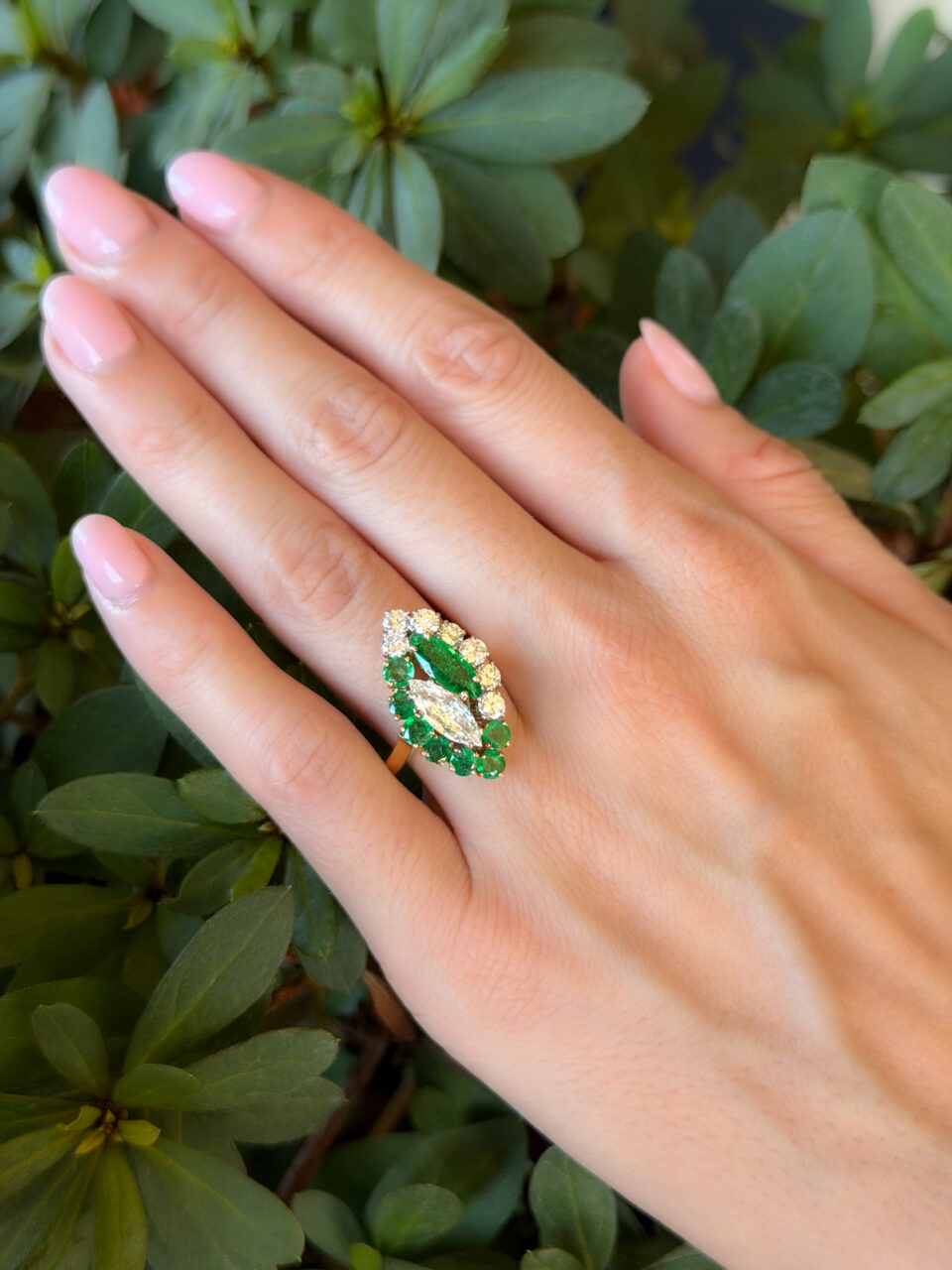 3ctw Natural Emerald Diamond Navette Toi et Moi Bypass Ring 18k Size 8.25 shown worn
