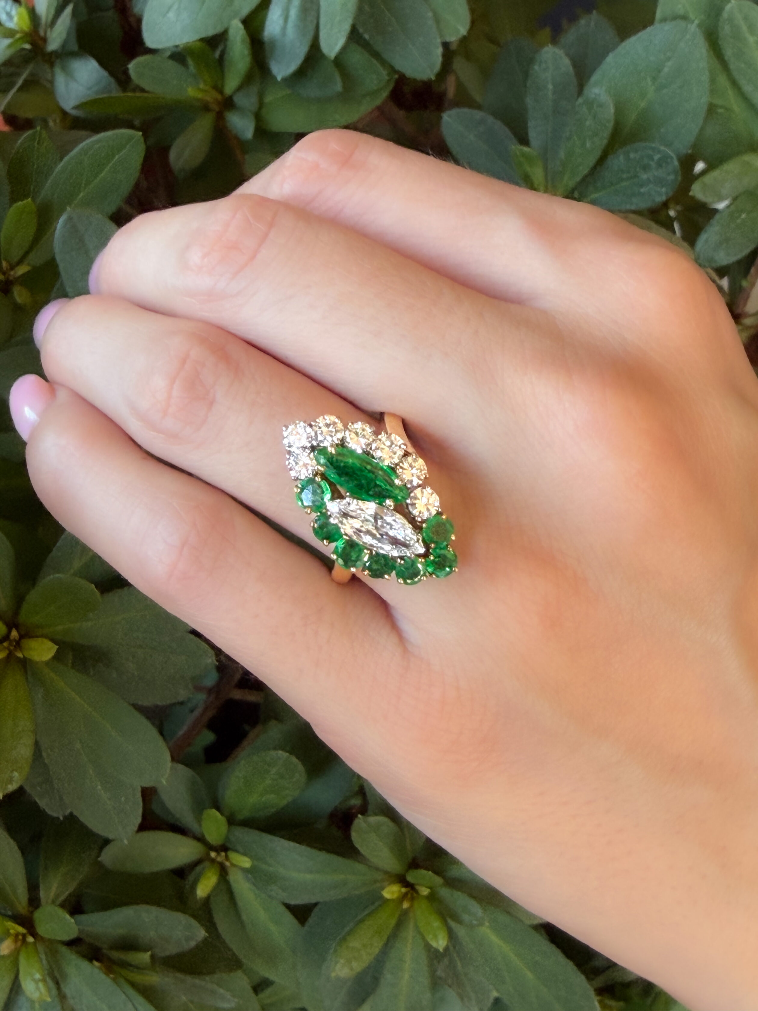 3ctw Natural Emerald Diamond Navette Toi et Moi Bypass Ring 18k Size 8.25, view 3