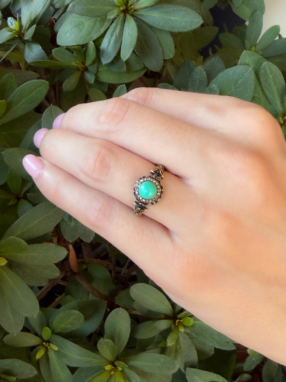 1870s French Renaissance Revival Black Enamel Diamond Turquoise Ring Sz 6 shown worn