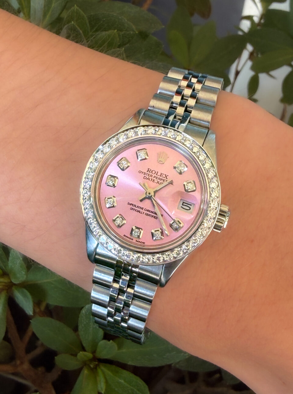 Ladies Rolex Date 6916 Diamond Bezel 18k Gold SS Warranty 26mm 6.25" shown worn