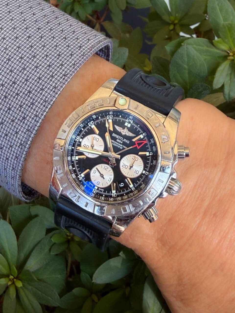 2016 Breitling Chronomat 44 GMT Black Onyx Dial AB0420 Box & Papers 44mm shown worn