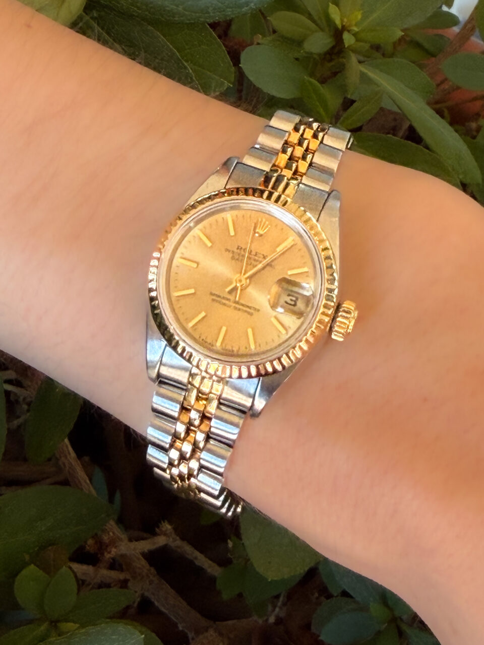 Rolex Datejust 69173 SS 18k 1991 Ladies 26mm Jubilee Bracelet Warranty shown worn