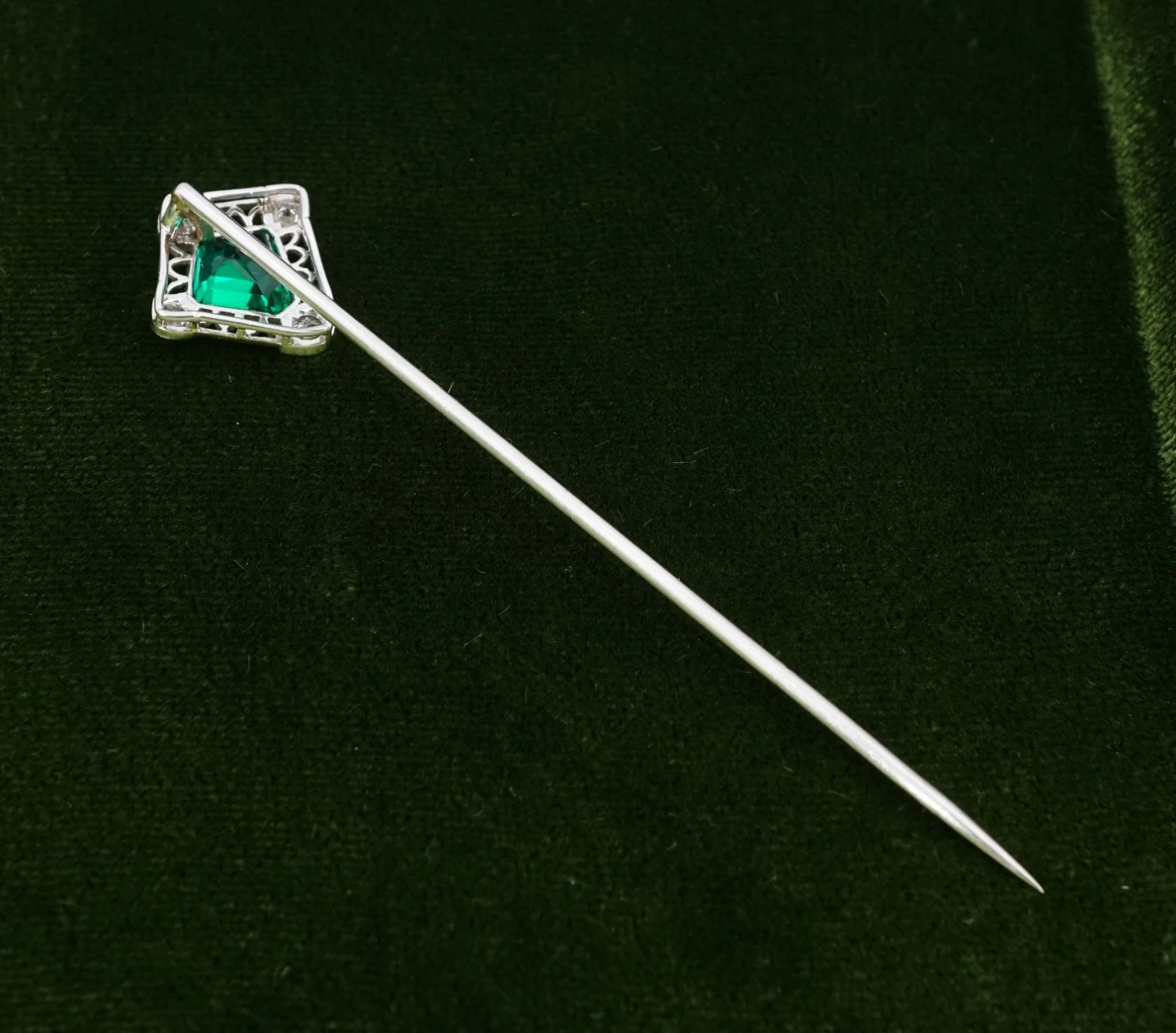 Platinum Colombian Emerald Natural OMC Diamond Stick Pin Antique Hat Pin, view 5