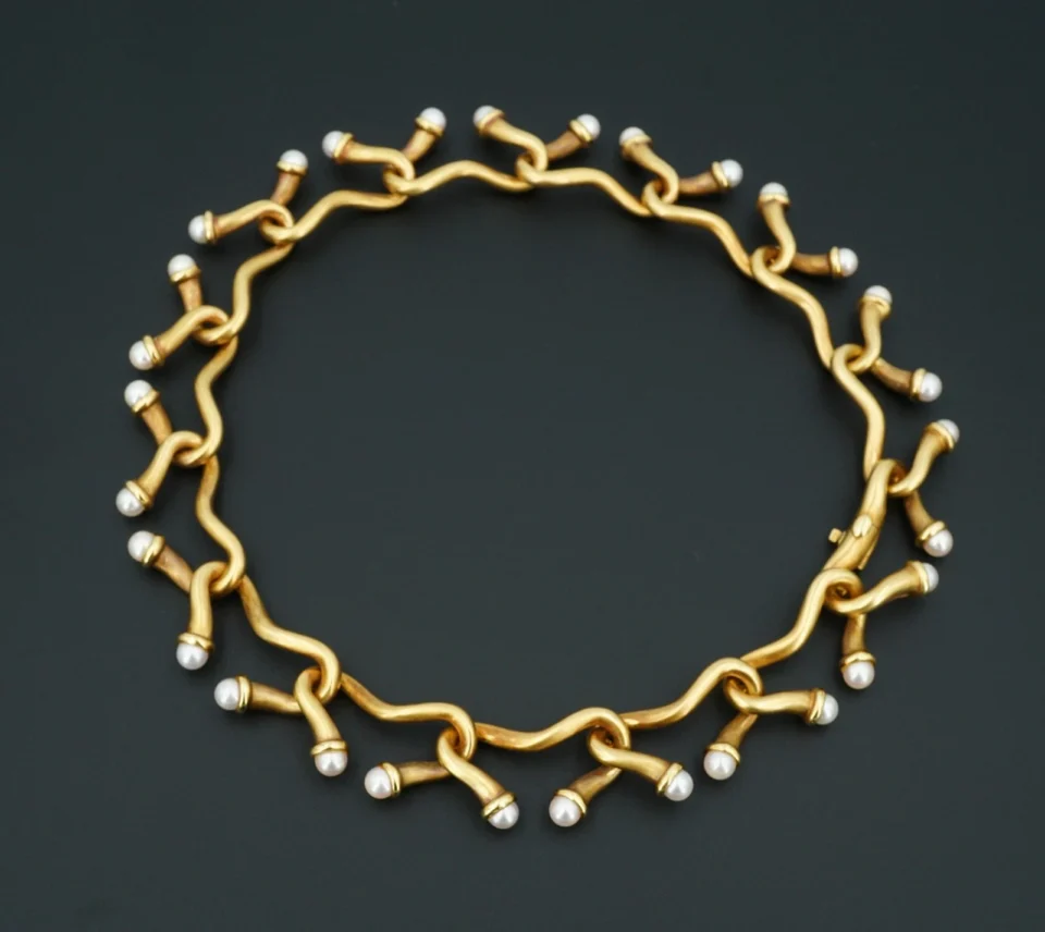 Angela Cummings 18k Pearl Collar Necklace Yellow Gold 16" Vintage CO1320