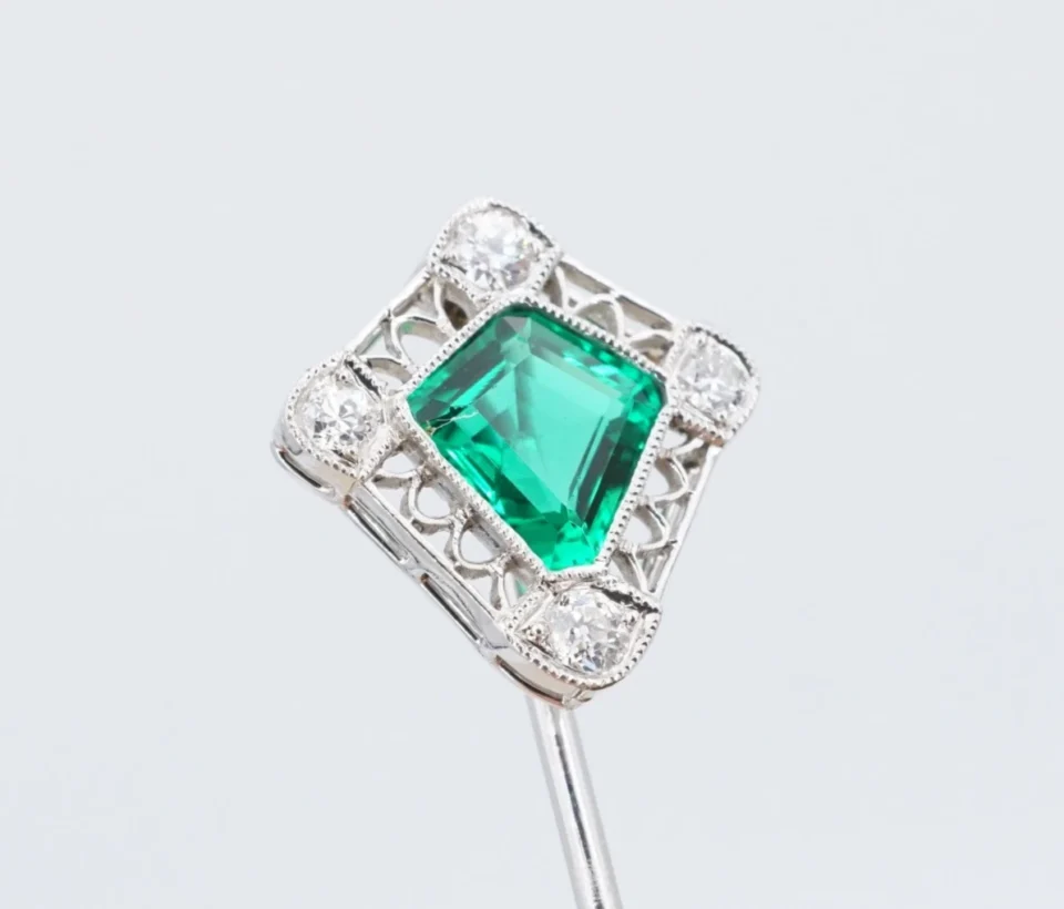 Platinum Colombian Emerald Natural OMC Diamond Stick Pin Antique Hat Pin OG629