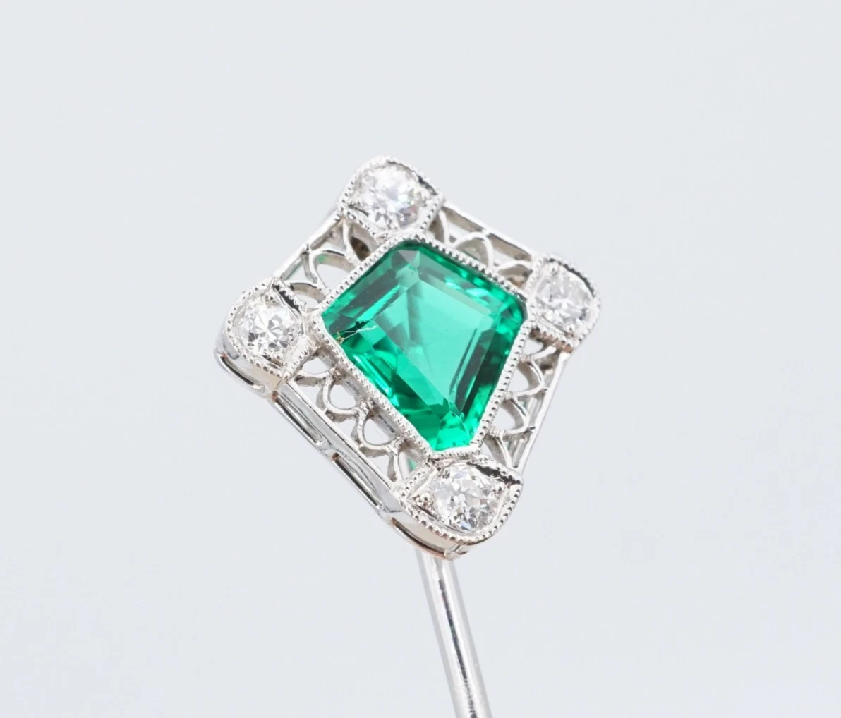 Platinum Colombian Emerald Natural OMC Diamond Stick Pin Antique Hat Pin, view 1