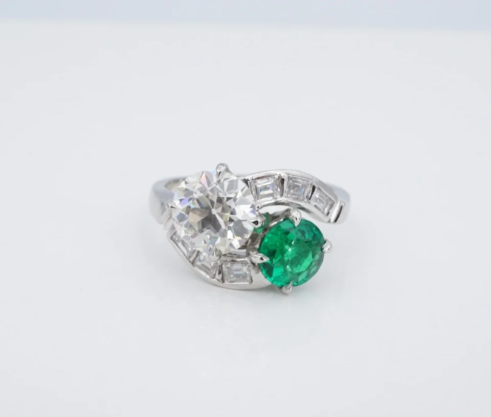 2.7ct Natural Emerald & Diamond Bypass Toi et Moi Ring Size 6 Vintage, view 3