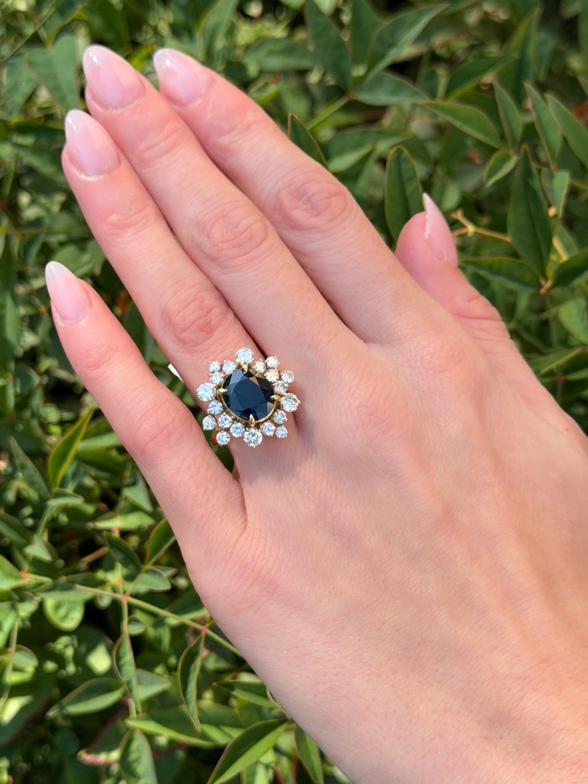 Vintage Sapphire Diamond Halo Ring Natural Blue 18k Yellow Gold 6.5 ctw, view 7
