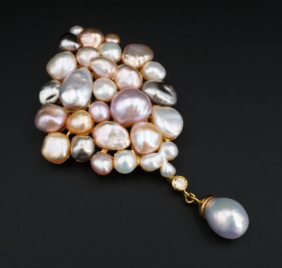 Designer Nadine Leo Natural Pearl Cluster Diamond Brooch 3" 18k Gold OG604