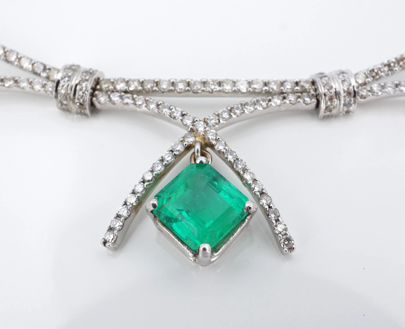 Vintage 2.5ct Colombian Emerald Diamond Bib Necklace 14k White Gold 16", view 3
