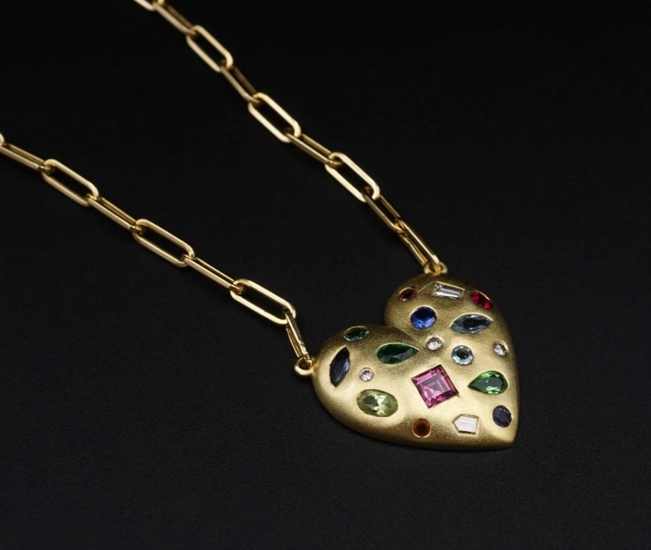 Designer Lauren K 18k Yellow Gold Heart Cluster Gem Pendant Necklace 18", view 6