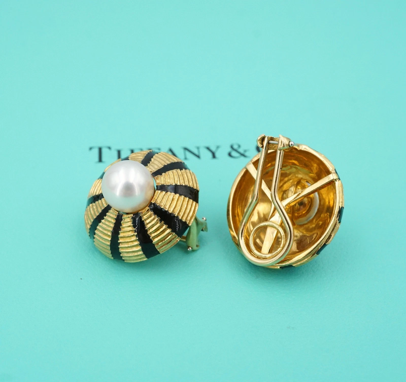 Tiffany Schlumberger Earrings 18k Gold Taj Mahal Pearl Enamel 0.9" 24g, view 4