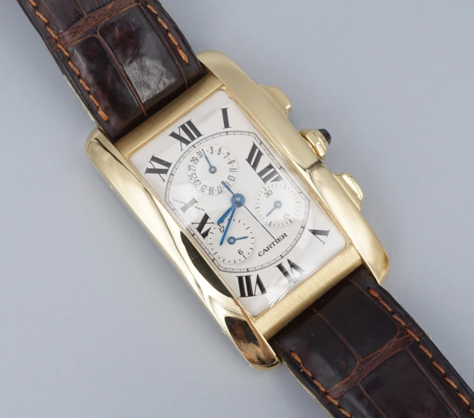 Cartier Tank Americaine 18k Yellow Gold Chrono Watch Leather 26mm 1730, view 2