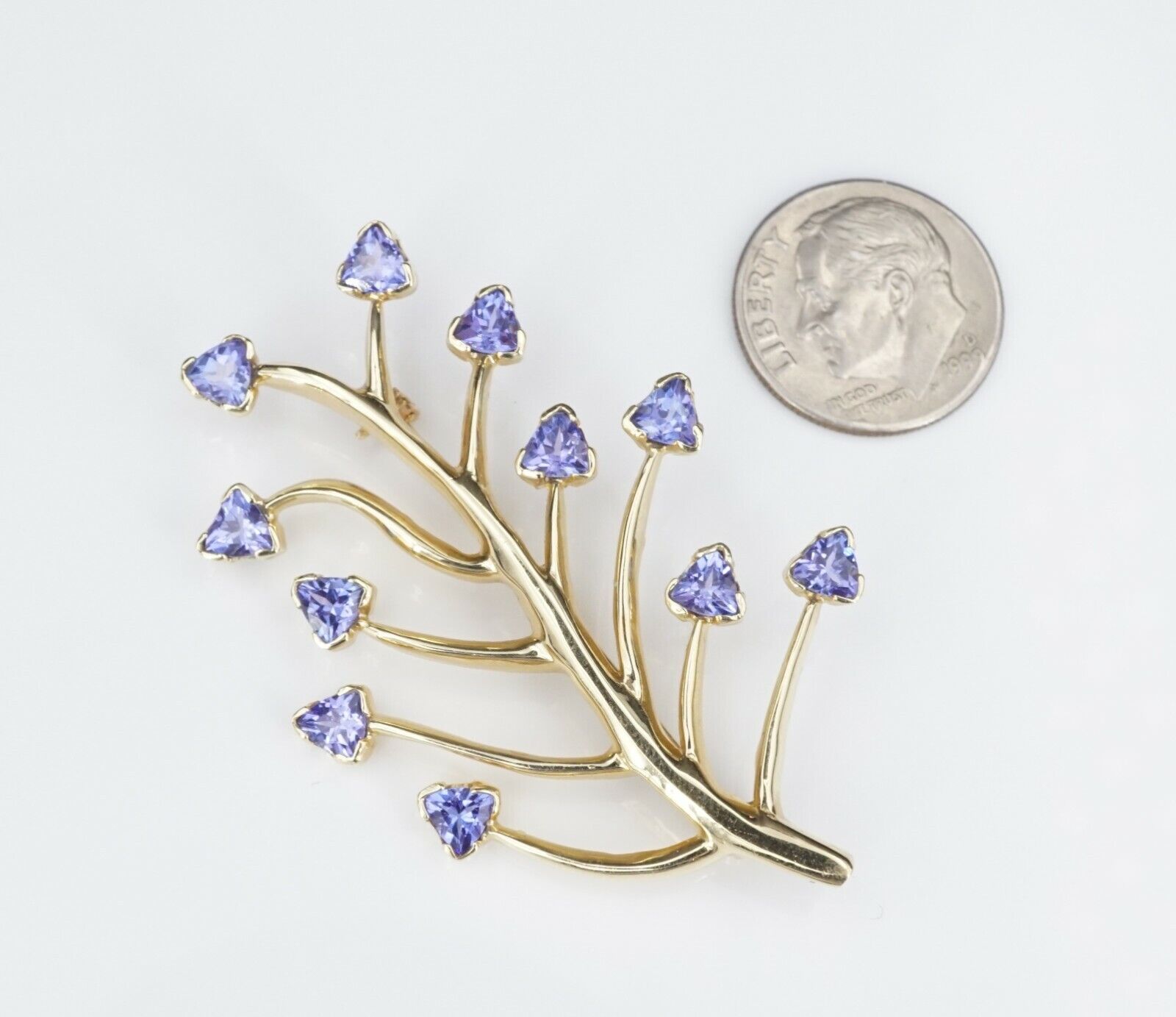 Tanzanite Tree of Life Pin Brooch 14k Yellow Gold 2" Signed HOT, view 7