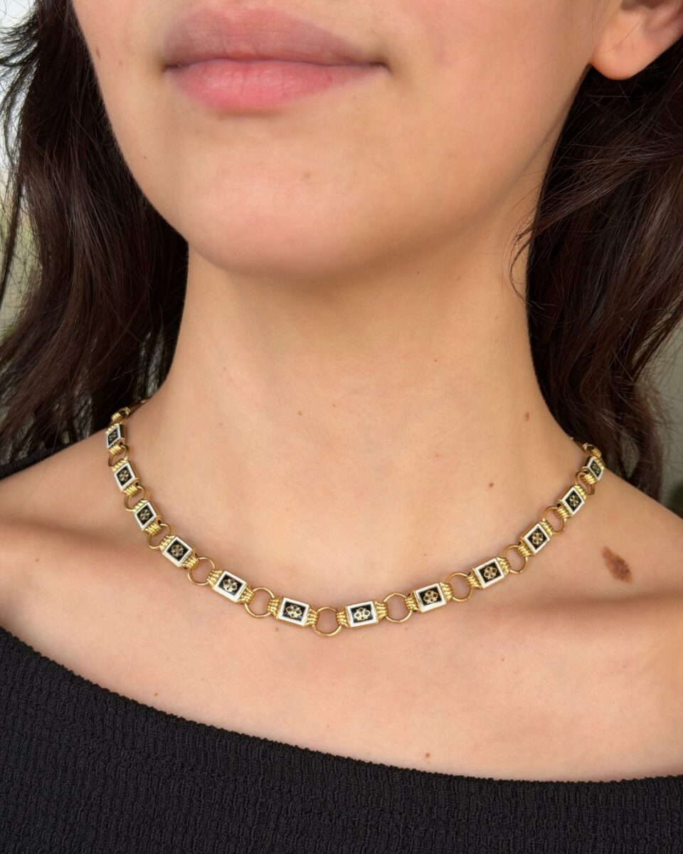 Antique 18K Gold Black White Enamel Floral Link Necklace 16.5" Victorian shown worn