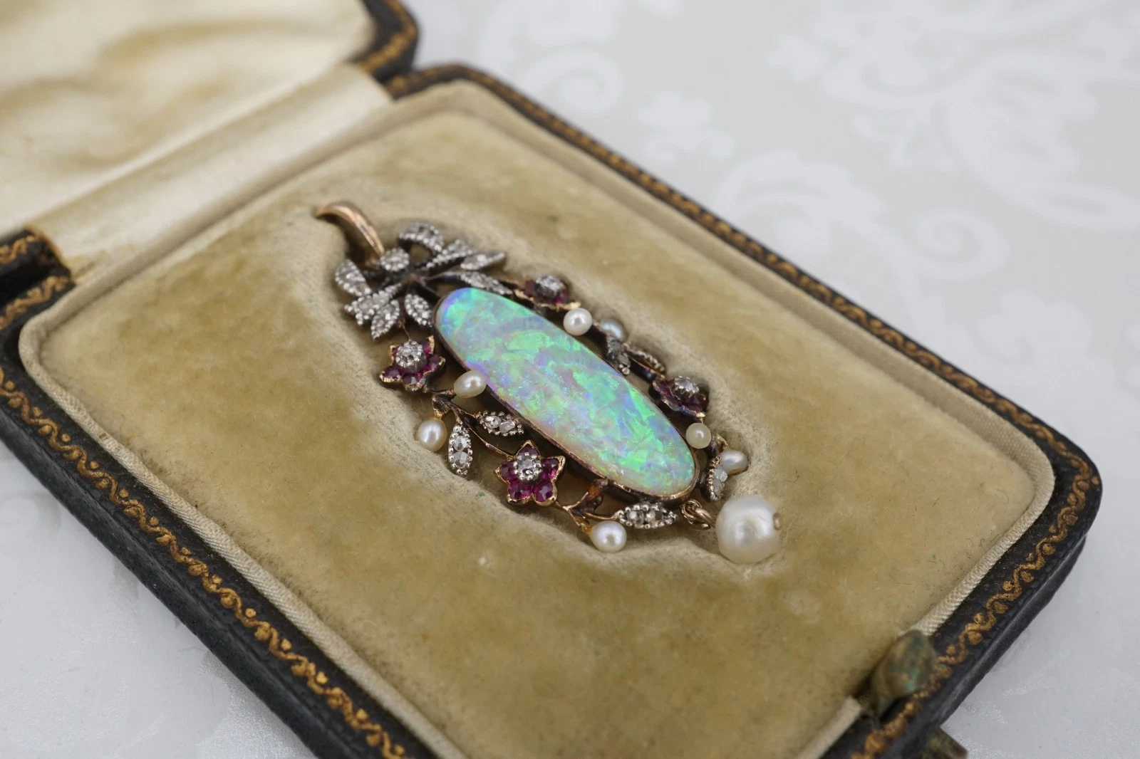 Antique 18k Opal Diamond Ruby Pendant Yellow Gold Fitted Box, view 4