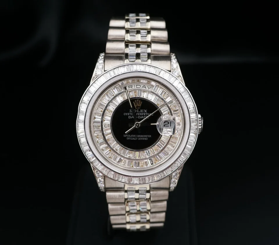 Custom Diamond Rolex President Day-Date 18k White Gold Mens 36mm 18239 1989 W945