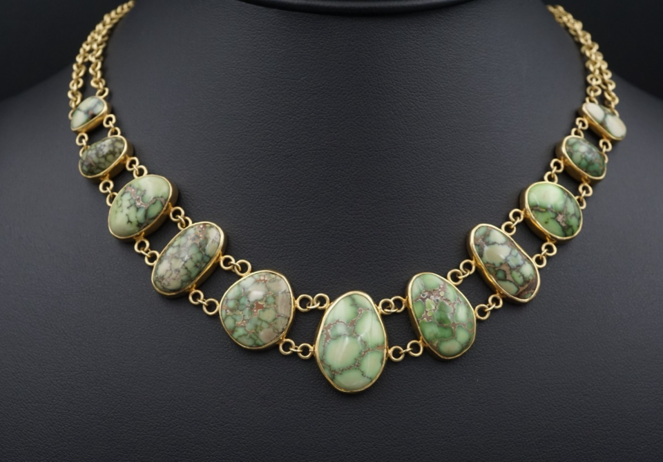 Santa Fe Damele Mine Turquoise Station Necklace 18k Gold 15" Signed MSM NG1768