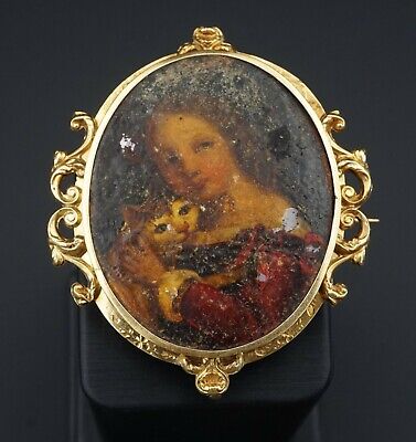 Victorian Miniature Portrait Pin Brooch Lady and Cat French 14k Gold 2" OG275