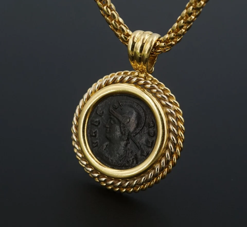 18k Bronze Roman Coin Pendant Necklace Yellow Gold 18" Constantine I FOPE NG1864