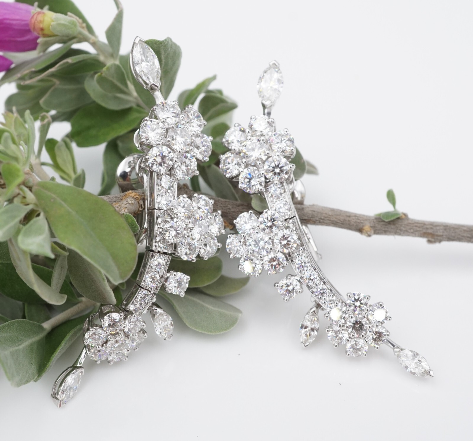 Van Cleef Arpels Folie de Pres Flower Diamond Earrings 18k 2" w/ Box, view 9