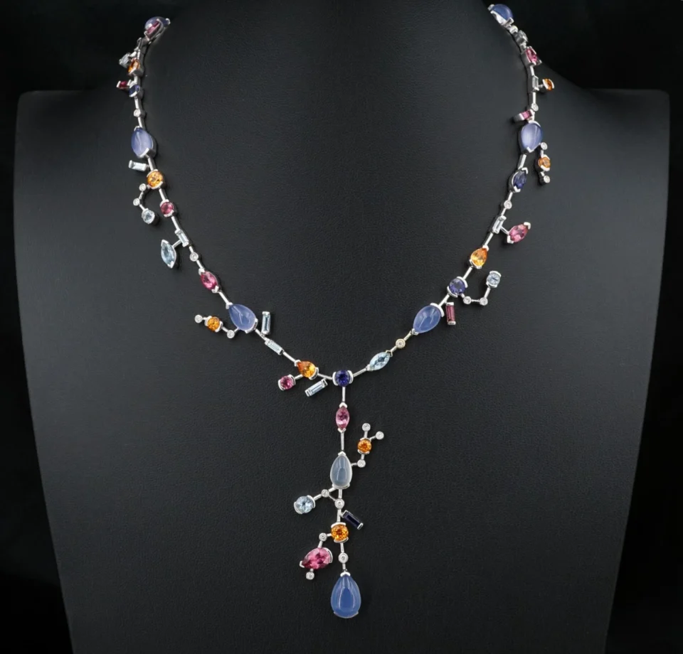 18k Meli Melo Multi-Gem Station Necklace Moonstone Diamond White Gold NG1881