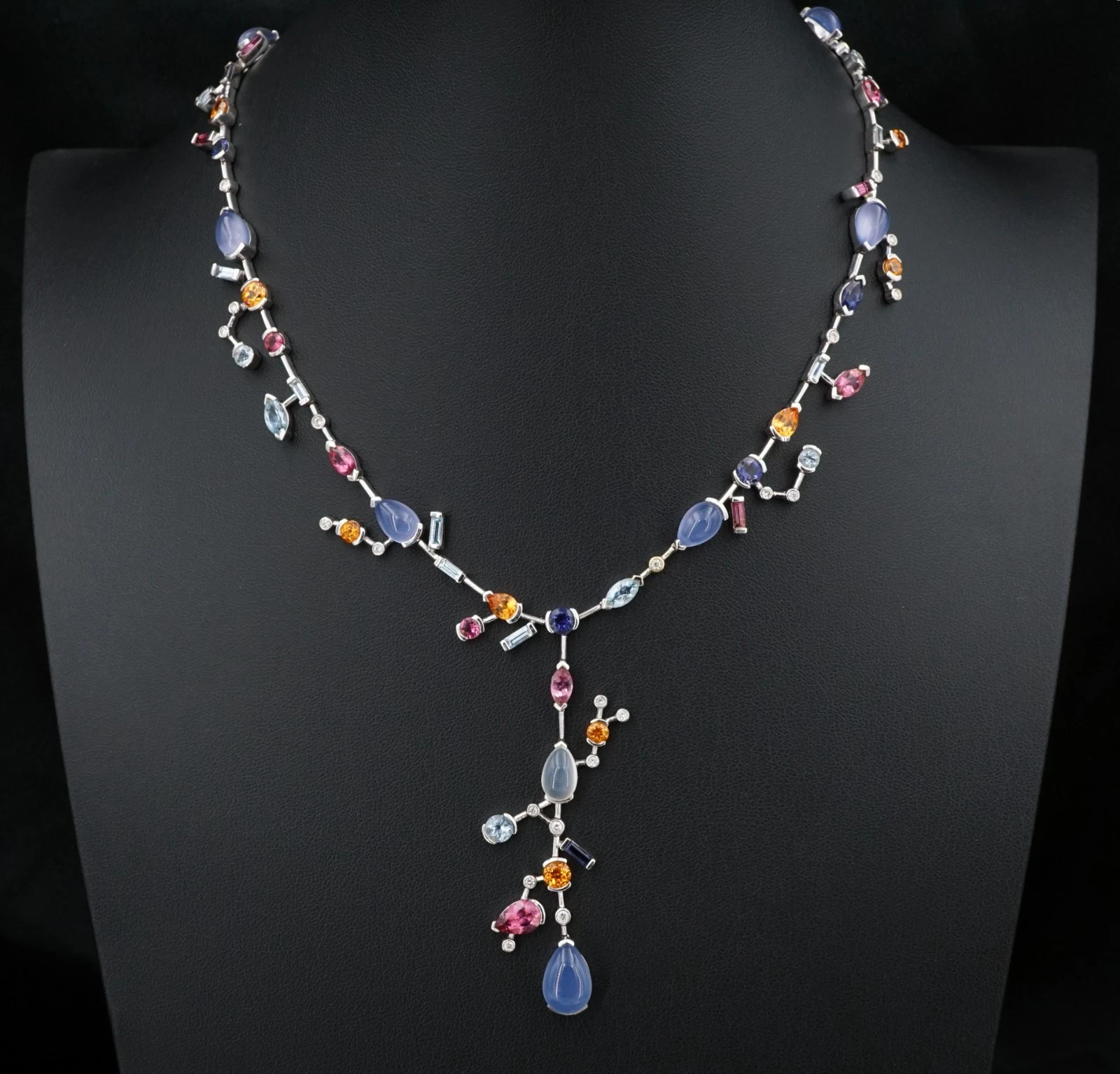 18k Meli Melo Multi-Gem Station Necklace Moonstone Diamond White Gold, view 1