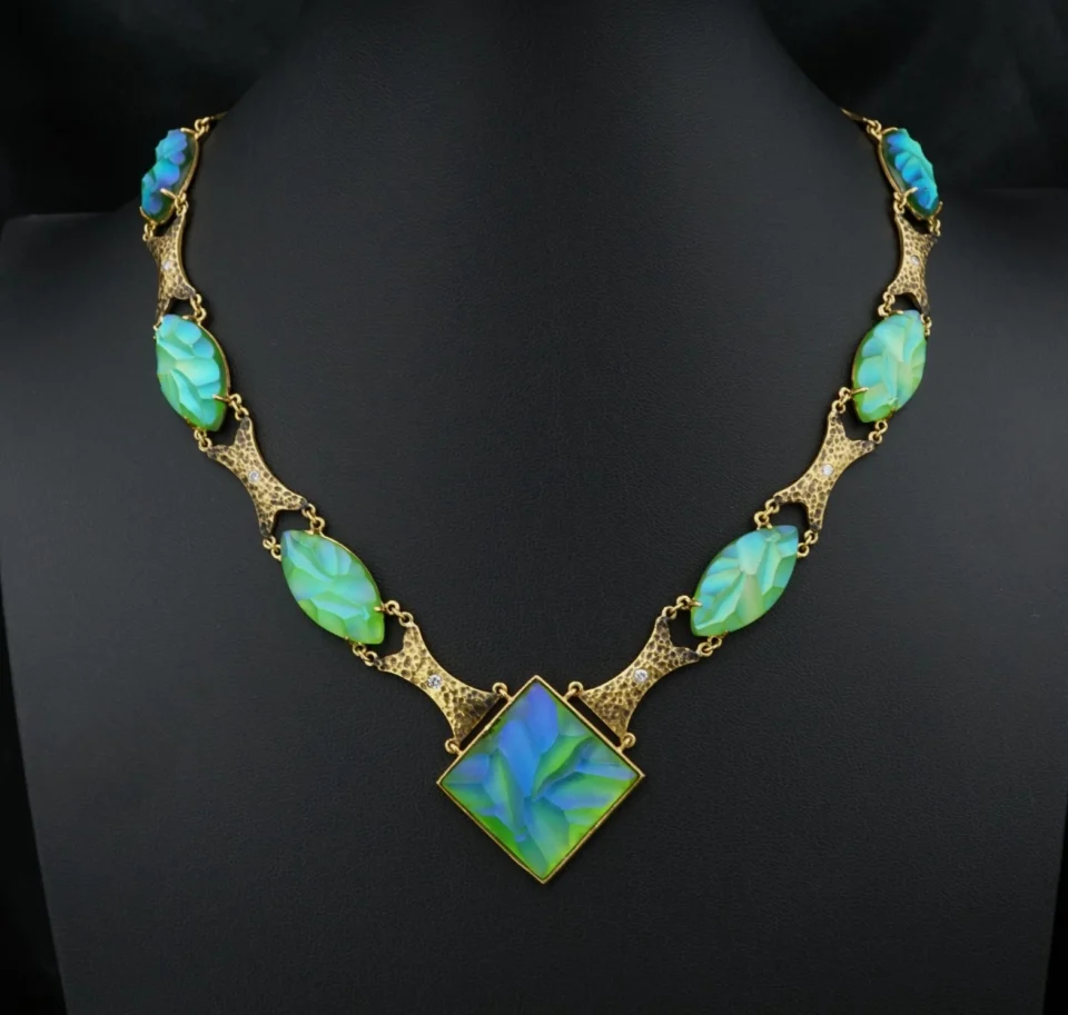 Vintage 18k Carved Blue Favrile Glass Diamond Suite 1.4ctw Yellow Gold CO1306