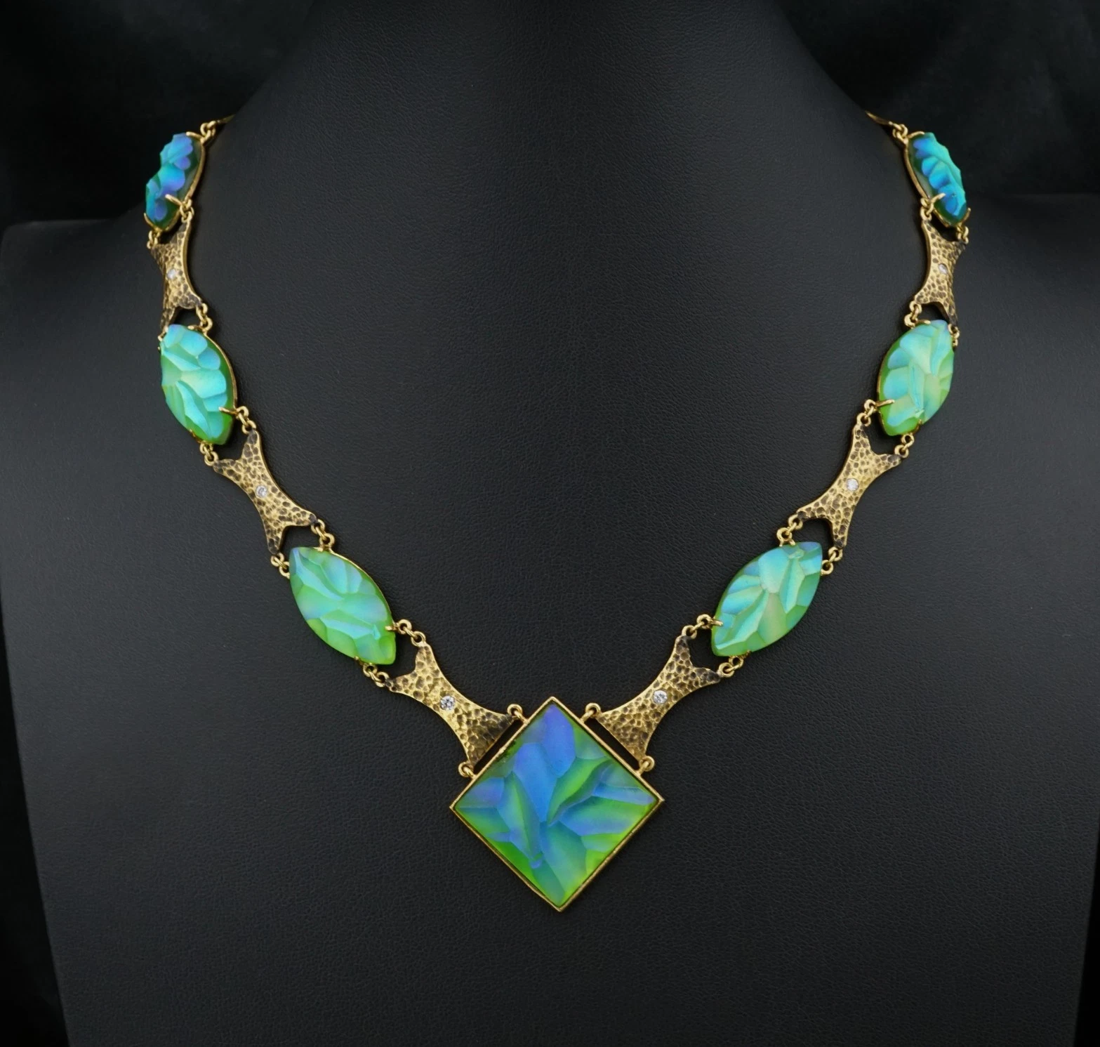 Vintage 18k Carved Blue Favrile Glass Diamond Suite 1.4ctw Yellow Gold, view 1