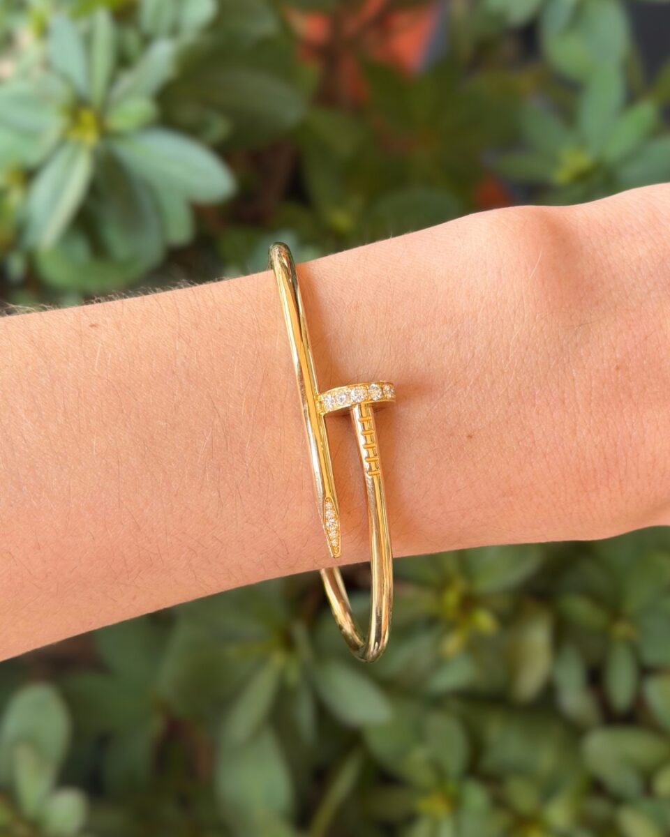 Cartier 18k Yellow Gold Diamond Nail Bracelet Size 18 Juste un Clou Pouch shown worn