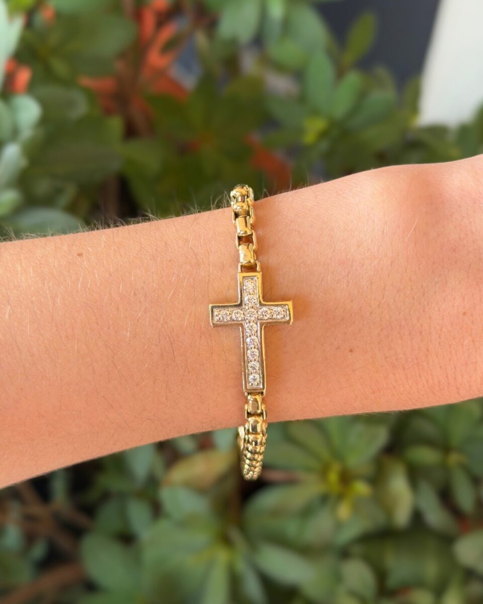 David Yurman 18k Diamond Cross Station Bracelet Yellow Gold 9" 5mm shown worn