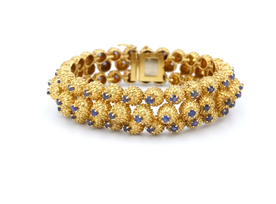 18k Sapphire Textured Thistle Link Bracelet Yellow Gold 7" Triple Row CO1313