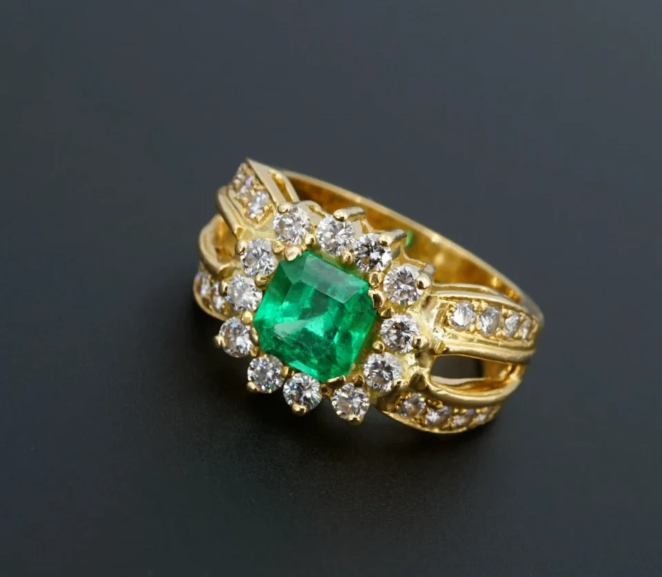 18k Gold 1.1ct Colombian Emerald Diamond Halo Cocktail Ring Sz 7 GIA F1 RG5080
