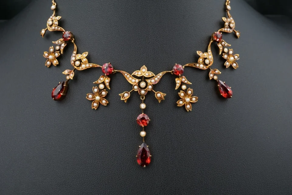 Antique 14K Gold Garnet Seed Pearl Garland Necklace Late Victorian 14.5" NG1892