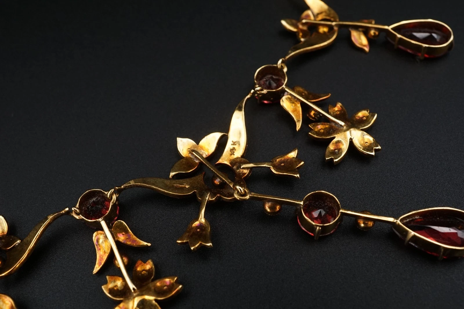 Antique 14K Gold Garnet Seed Pearl Garland Necklace Late Victorian 14.5", view 6