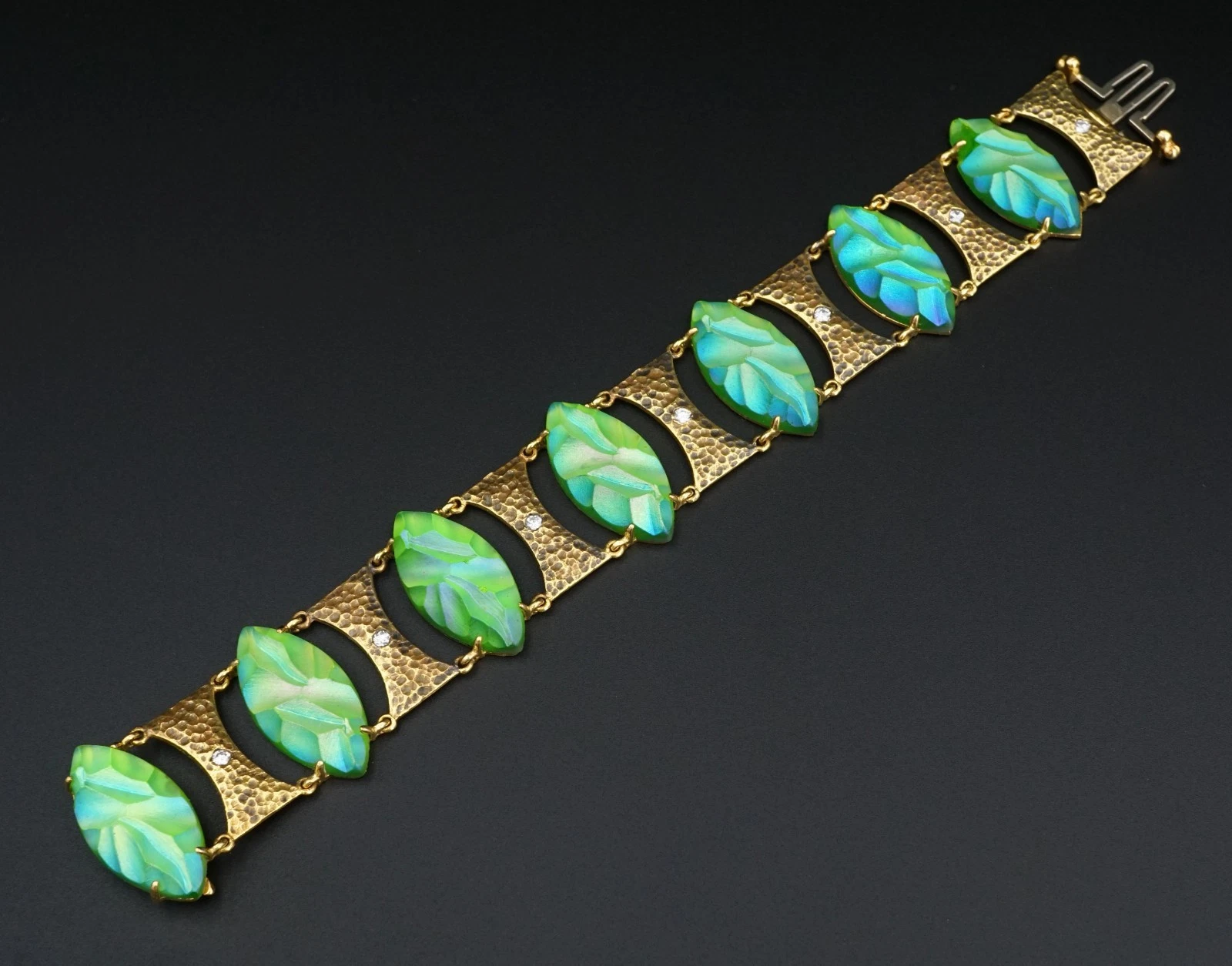Vintage 18k Carved Blue Favrile Glass Diamond Suite 1.4ctw Yellow Gold, view 9