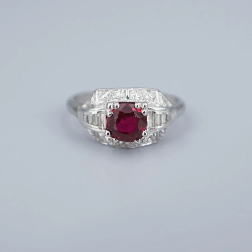 Vintage Art Deco Diamond Ring Thai Ruby Platinum Size 5.75 GIA Cocktail RG4962