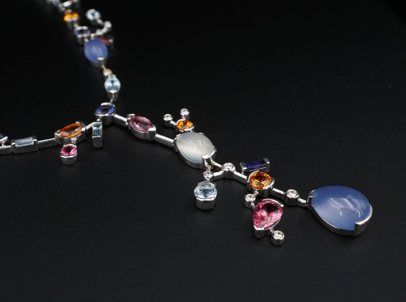 18k Meli Melo Multi-Gem Station Necklace Moonstone Diamond White Gold, view 6