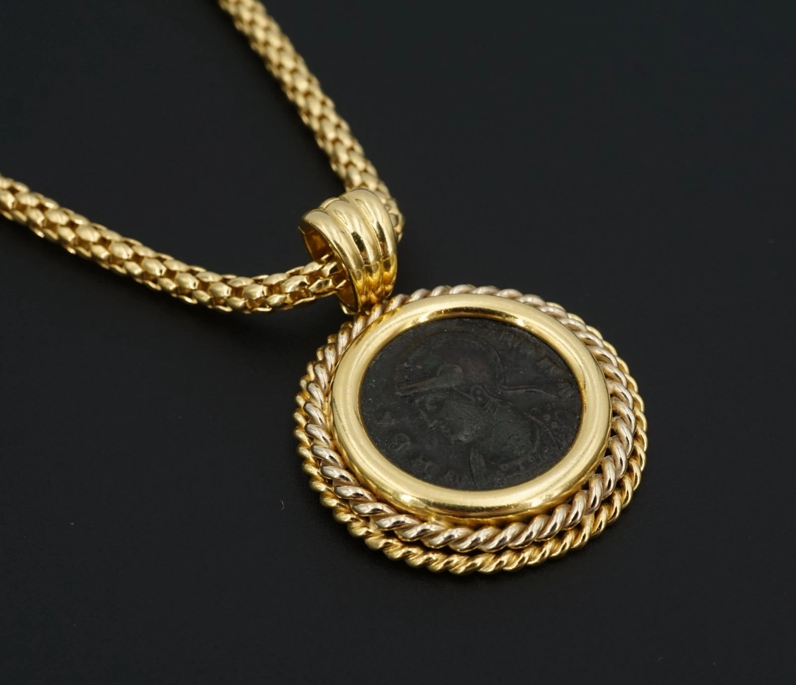 18k Bronze Roman Coin Pendant Necklace Yellow Gold 18" Constantine I FOPE, view 3