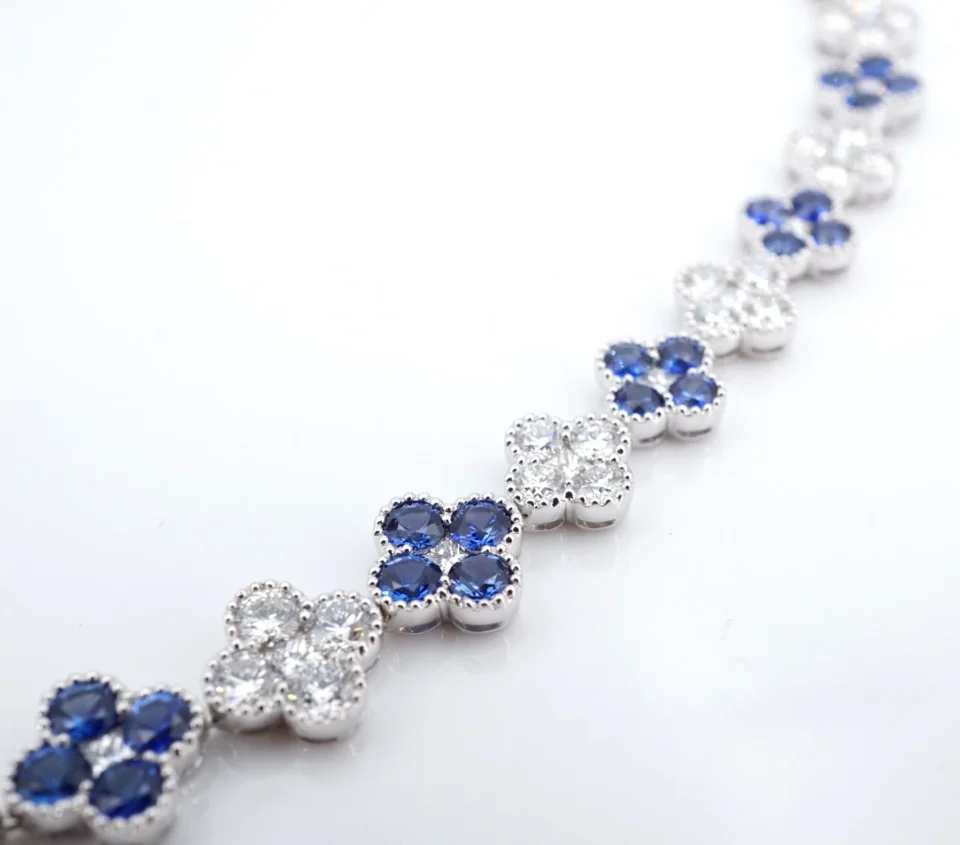 13ctw Natural Blue Sapphire Diamond Floral Quatrefoil Necklace 16.5" 18k CO1332
