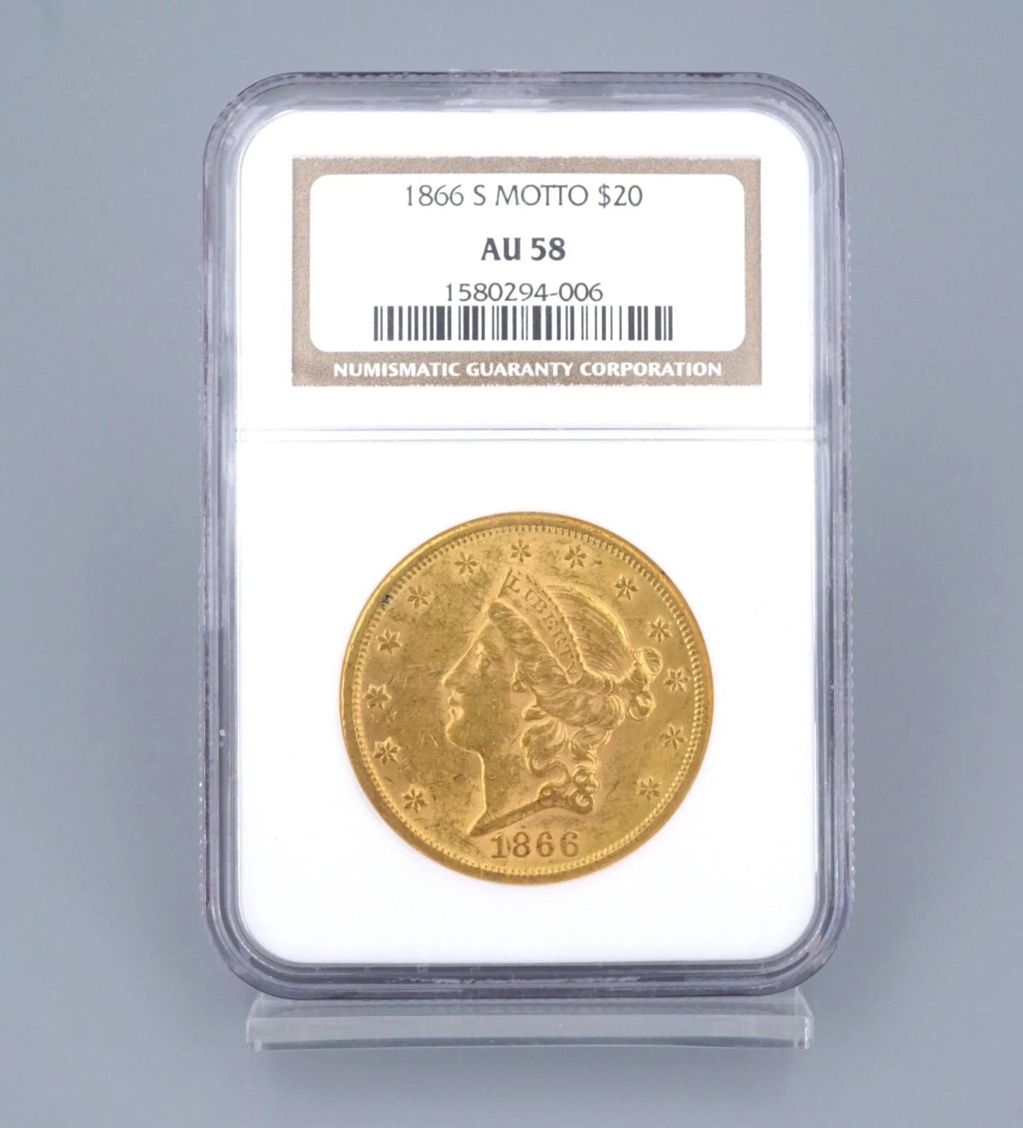 1866-S Double Eagle Gold $20 Dollar Coin NGC AU58 Motto, view 2