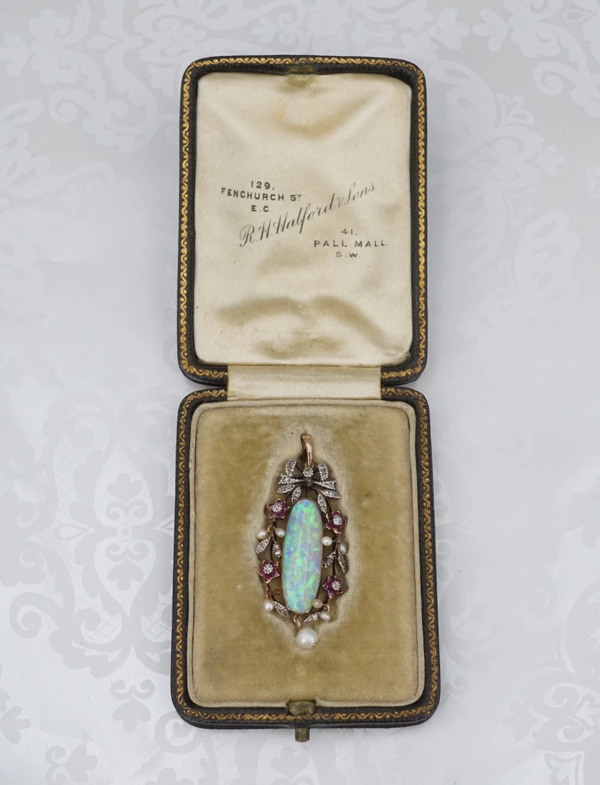 Antique 18k Opal Diamond Ruby Pendant Yellow Gold Fitted Box, view 6