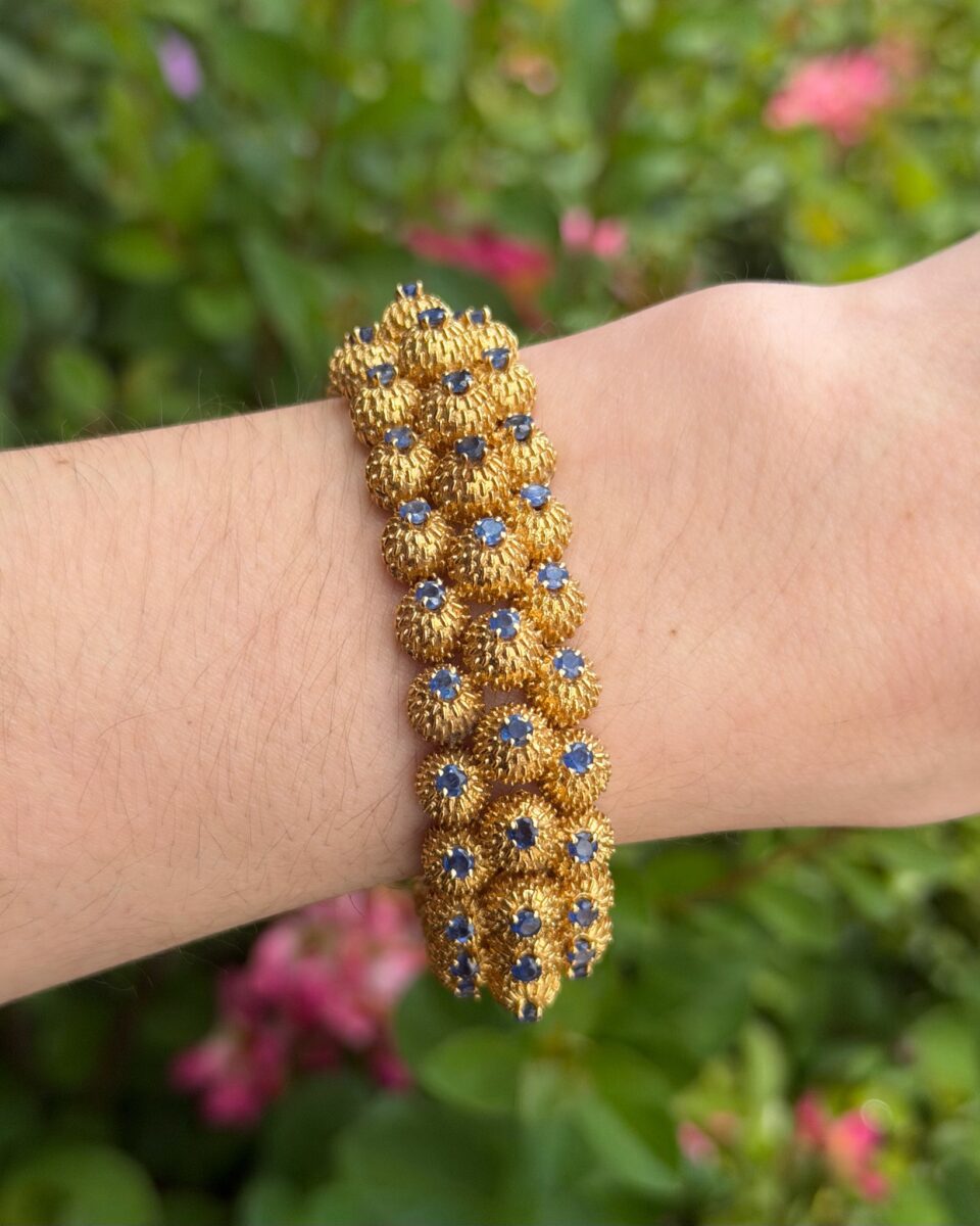 18k Sapphire Textured Thistle Link Bracelet Yellow Gold 7" Triple Row shown worn