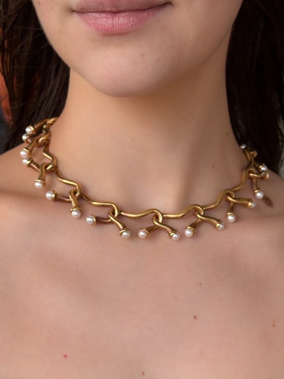 Angela Cummings 18k Pearl Collar Necklace Yellow Gold 16" Vintage shown worn