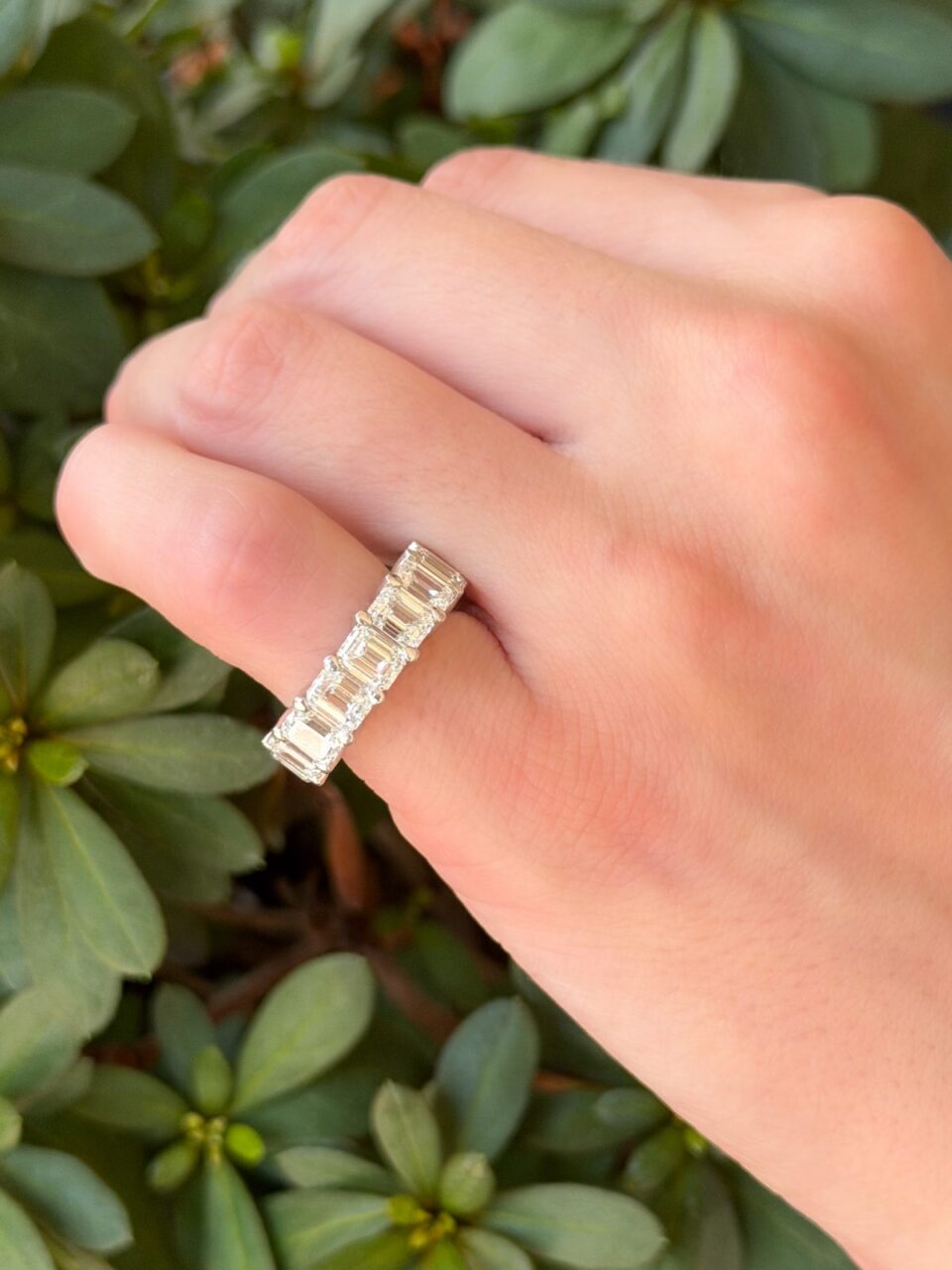 Platinum 9 ctw Emerald Cut Diamond Eternity Band Ring Size 4 GIA G VS shown worn