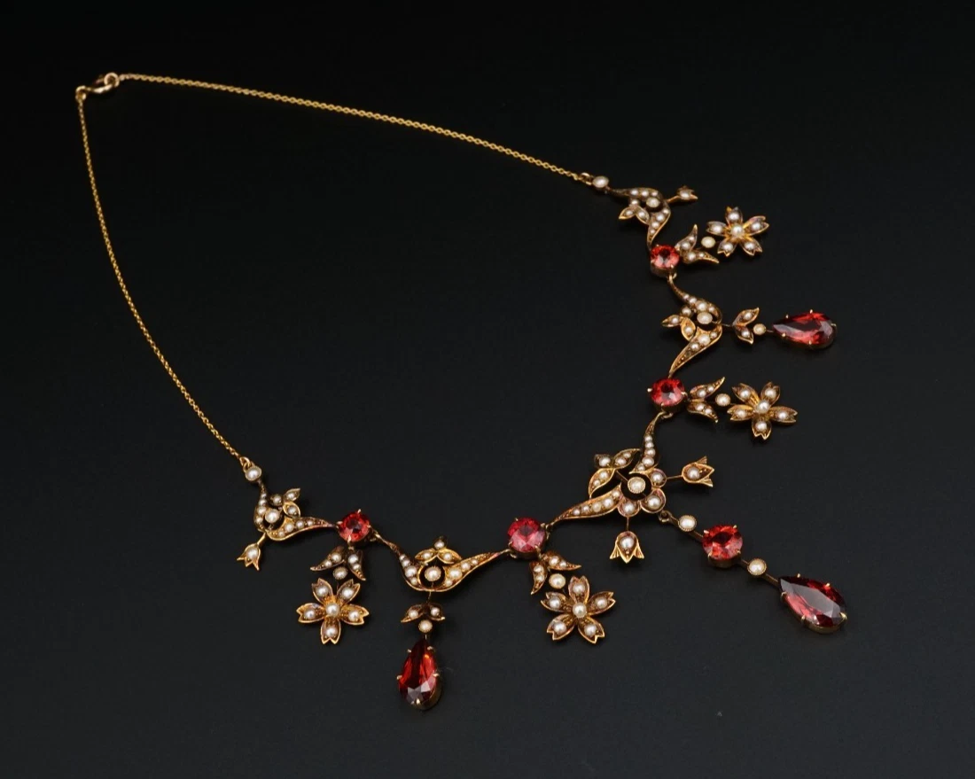 Antique 14K Gold Garnet Seed Pearl Garland Necklace Late Victorian 14.5", view 4