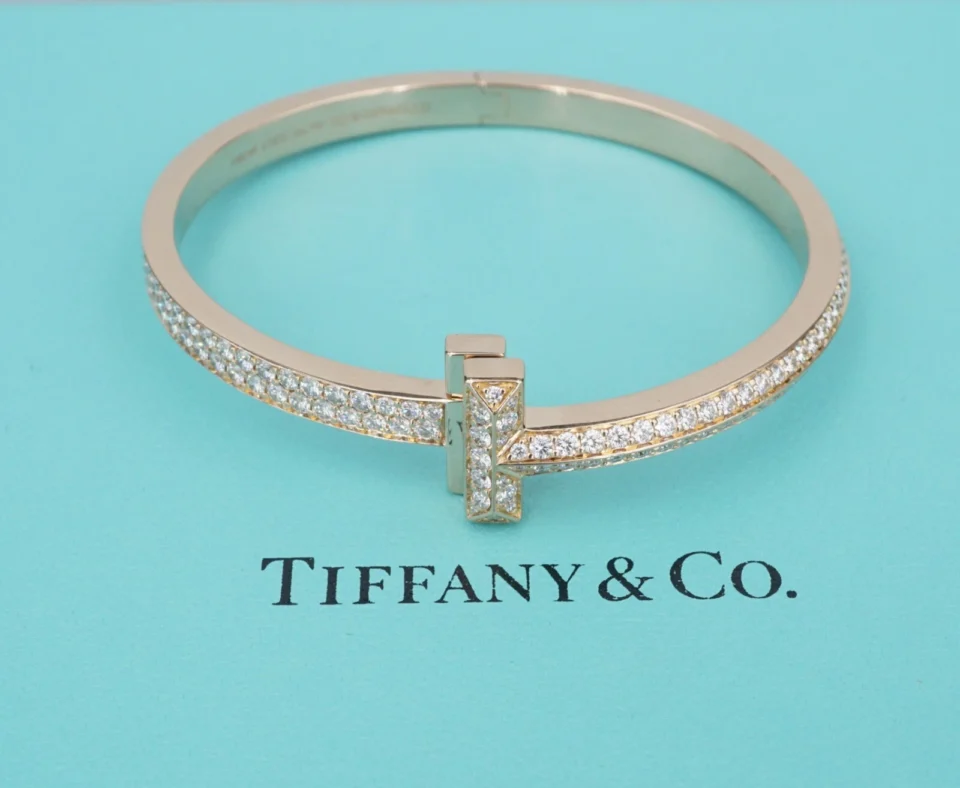 Tiffany T T1 Wide Diamond Hinged Bangle 4.08ct 18k Rose Gold Bracelet, view 3