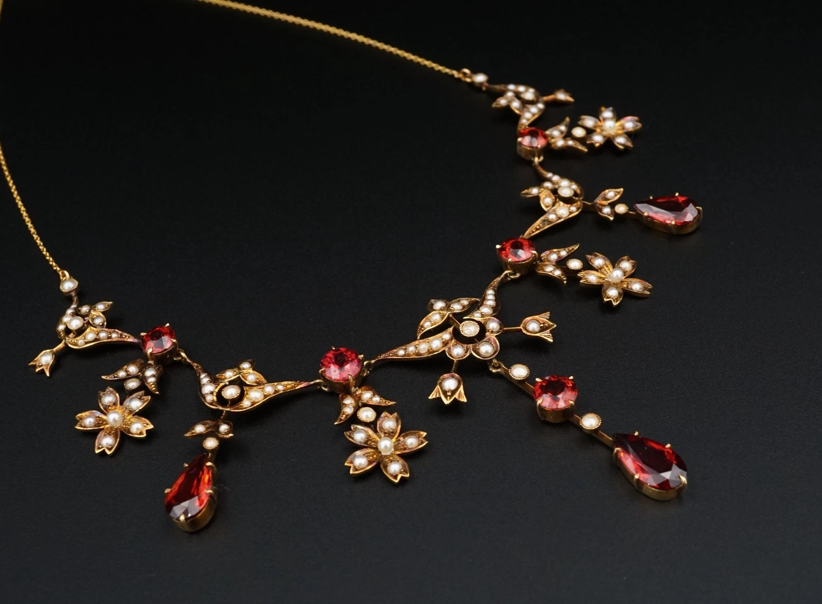 Antique 14K Gold Garnet Seed Pearl Garland Necklace Late Victorian 14.5", view 3